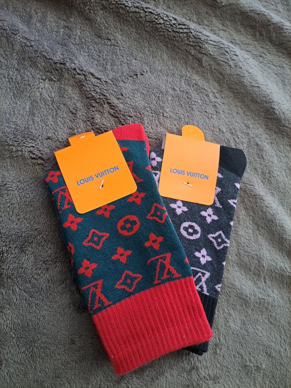Louis Vuitton Monogram Crew Socks — Green & Red Pair and Black & Pink Pair